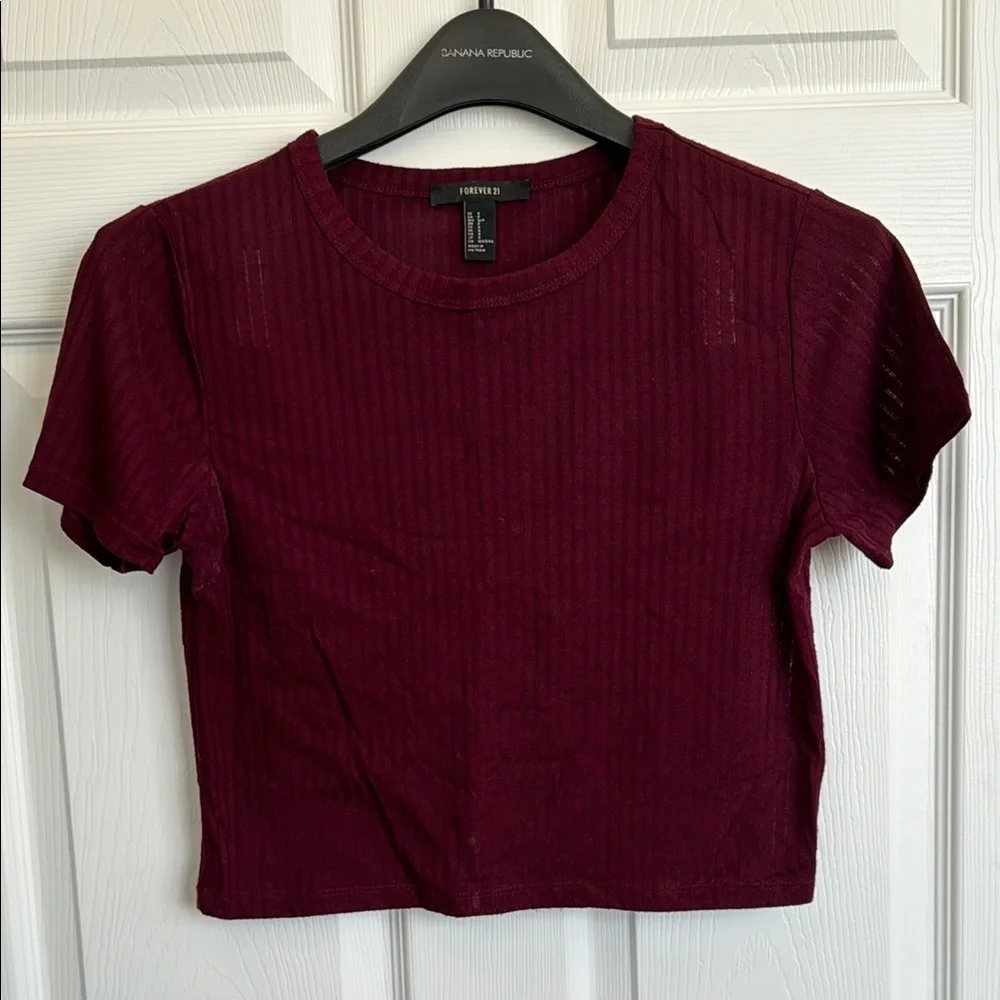Burgundy Ribbed Crop Short Sleeve Crew Neck T-Shirt - Picture 1 of 3